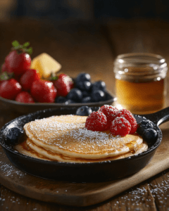 A rustic breakfast featuring hotcakes in a skillet and pancakes on a flat plate, topped with berries, syrup, and powdered sugar