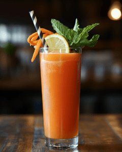 A beautifully garnished glass of carrot juice with a straw.