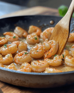 Shrimp cooking in a garlic butter sauce, highlighting the rich, golden colors and textures