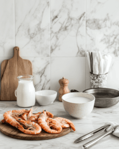 Tools and ingredients for preparing shrimp for frying