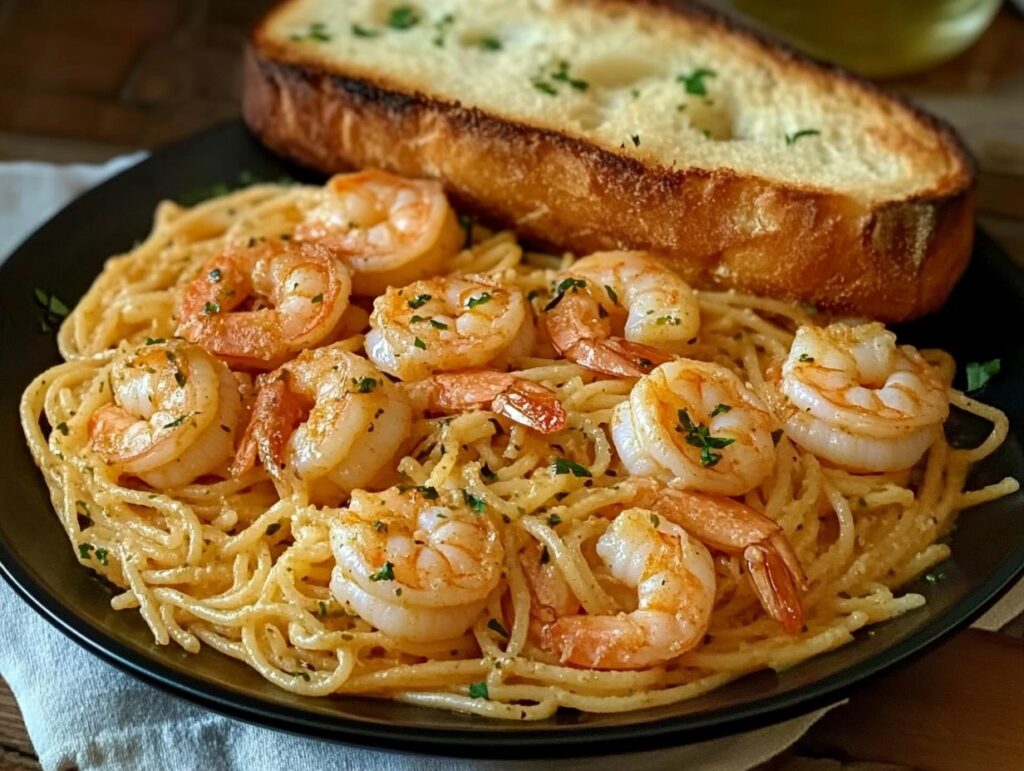 Shrimp Spaghetti Served With Garlic Bread