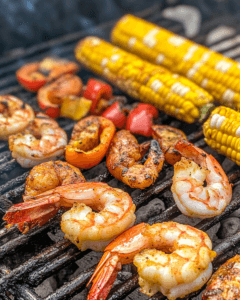 BBQ shrimp sizzling with corn and peppers.