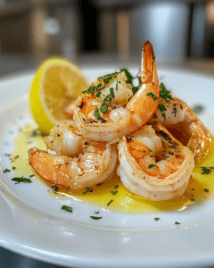 Grilled shrimp with lemon butter sauce garnished with herbs and lemon