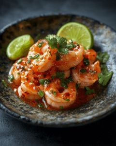 Shrimp coated in spicy chili lime sauce with cilantro garnish and lime wedges on a plate