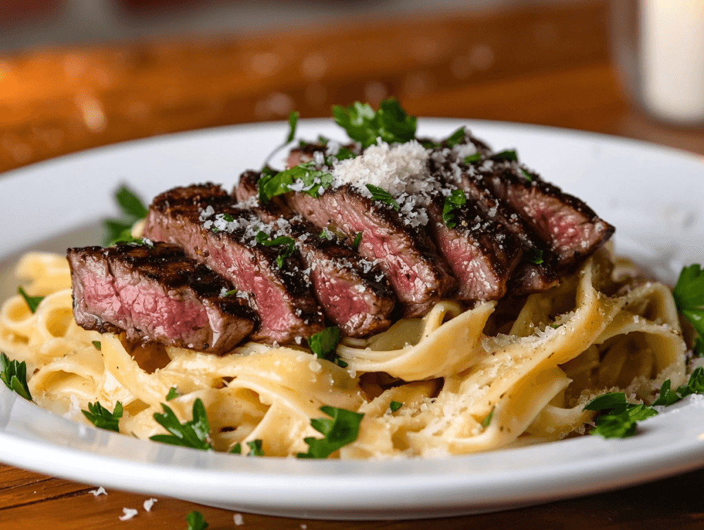 Steak slices on creamy fettuccine pasta garnished with parsley