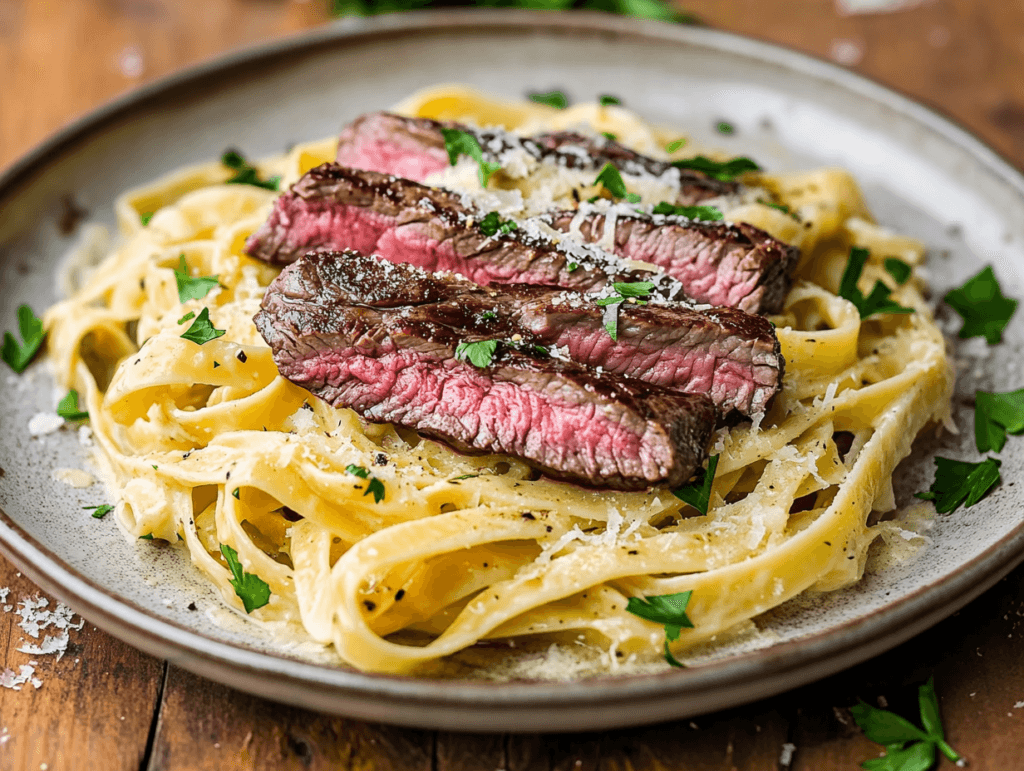 Medium-rare steak served with creamy fettuccine pasta garnished with parsley