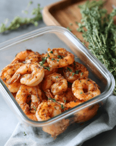Sealed glass container with coconut shrimp and herbs
