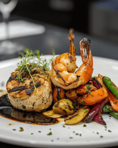 Grilled chicken and shrimp with vegetables