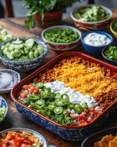 A Tex-Mex-style taco lasagna in a casserole dish with barbecue sauce.