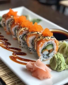 California rolls topped with bright orange tobiko