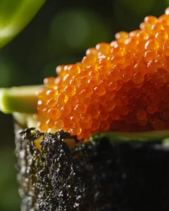Sushi roll topped with vibrant orange tobiko, paired with avocado and nori