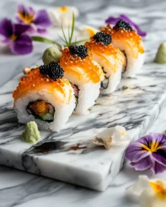 Sushi roll featuring both tobiko and caviar as garnishes for a fusion culinary experience