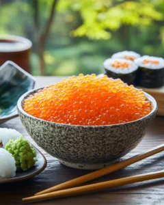 Orange tobiko in a Japanese bowl with sushi and chopsticks