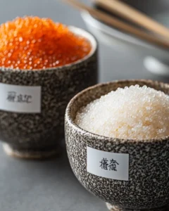 Side-by-side comparison of tobiko and masago in ceramic bowls