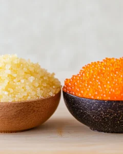 Tobiko, masago, and caviar displayed in small dishes