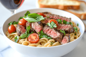Tomato basil steak pasta in a white bowl with basil garnish