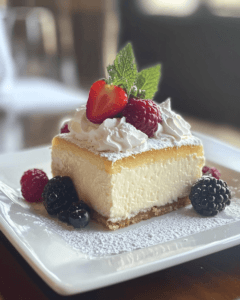 Slice of tres leches cake topped with whipped cream and berries.