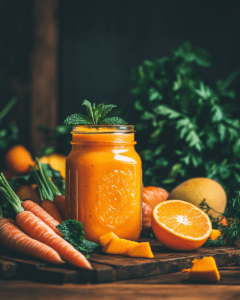 A carrot, mango, and orange smoothie with fresh ingredients nearby.