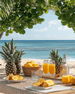 Pineapple and mango juice on a tropical backdrop