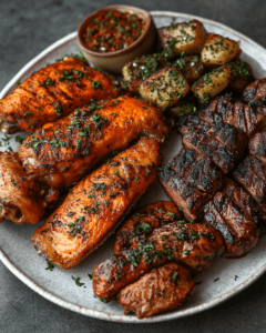 Air-fried chicken, steak, and seafood