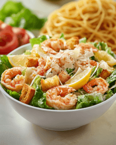 A fresh Caesar salad served with lemon wedges to accompany shrimp spaghetti