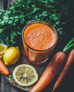 A glass of freshly made carrot juice with condensation, placed on a rustic wooden table, surrounded by fresh carrots, parsley, and lemon slices, highlighting its vibrant orange color and freshness
