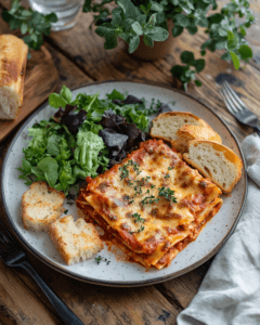 Lasagna served with garlic bread and salad