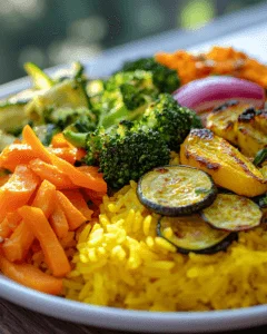 Yellow Rice Paired With Sauted Peppers And Onions
