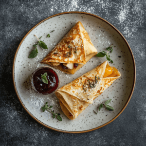 Savory crêpe with ham, cheese, and spinach served on a wooden plate