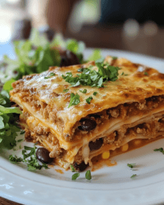 A slice of Mexican lasagna with clearly defined layers