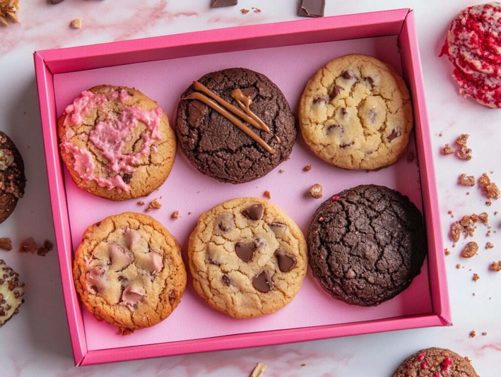 Crumbl cookies in their iconic pink box with assorted flavors