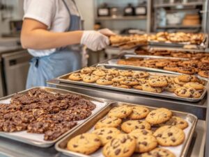 Crumbl bakers preparing cookies in an open-concept kitchen