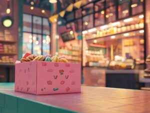 Customer holding a Crumbl pink box with cookies at a bakery