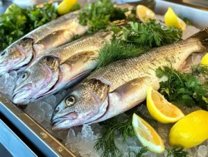 Fresh Branzino Fish At Seafood Market