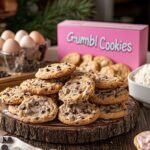 A variety of Crumbl-style cookies with ingredients displayed on a table