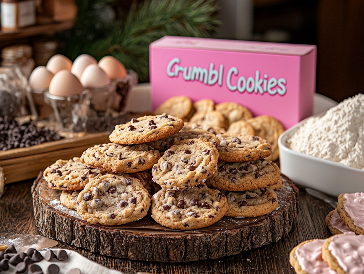 A variety of Crumbl-style cookies with ingredients displayed on a table