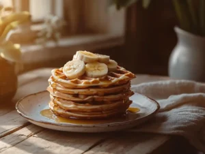 Homemade Banana Waffles With Maple Syrup & Bananas