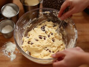 Mixing cookie dough with butter, sugar, and vanilla extract