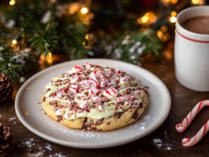 A festive Crumbl-style cookie with candy cane toppings and holiday decor