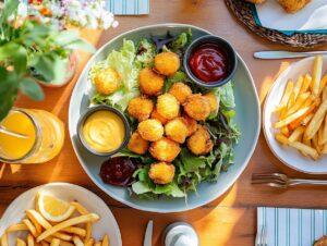 Corn nuggets served with dipping sauces and side dishes
