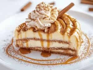 A Sliced Cinnamon Roll Cheesecake On A White Plate