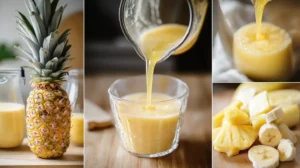 A Step By Step Collage Of A Pineapple Banana Smoothie