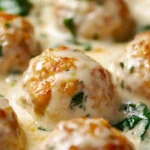 Baked chicken ricotta meatballs smothered in creamy ricotta Alfredo sauce with spinach, topped with melted Parmesan, close-up food shot