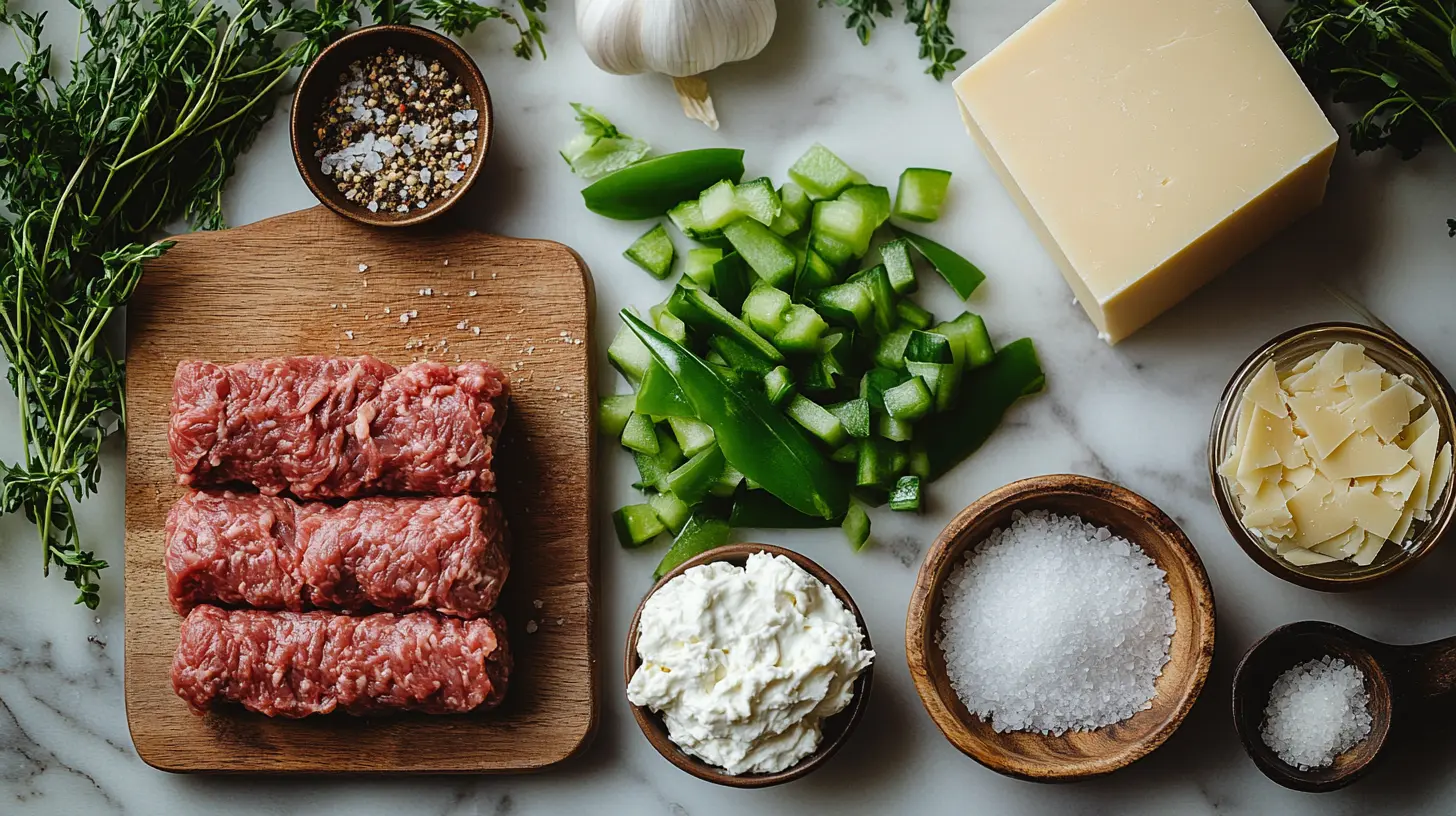 Flat-lay of keto Philly cheesesteak roll up ingredients on a rustic surface — ground beef, diced bell pepper, onion, cream cheese, shredded Monterey Jack, Worcestershire sauce, and spices.