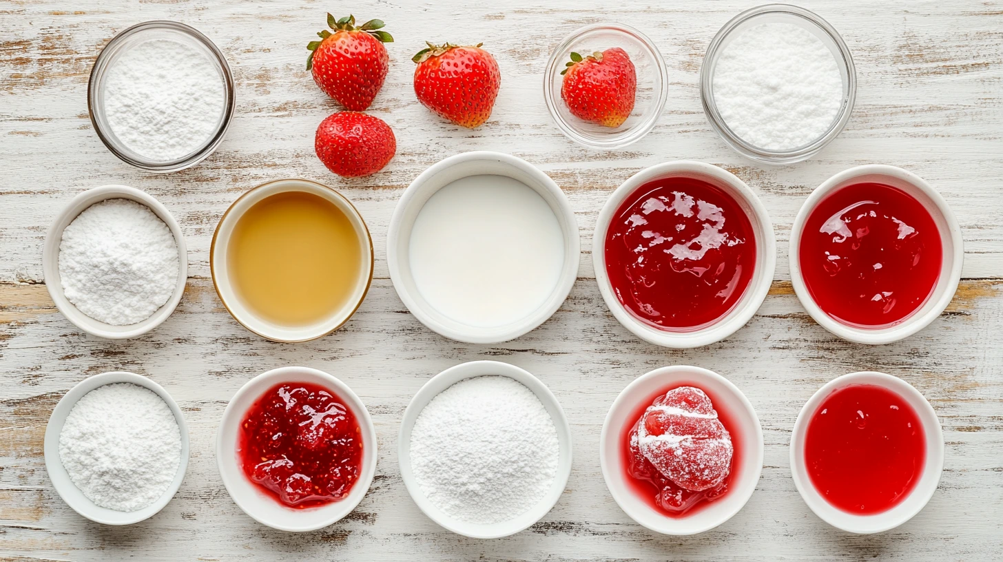 Ingredients for Strawberry Cheesecake Donut Holes arranged in bowls, including strawberries, powdered sugar, milk, vanilla, and strawberry jam.