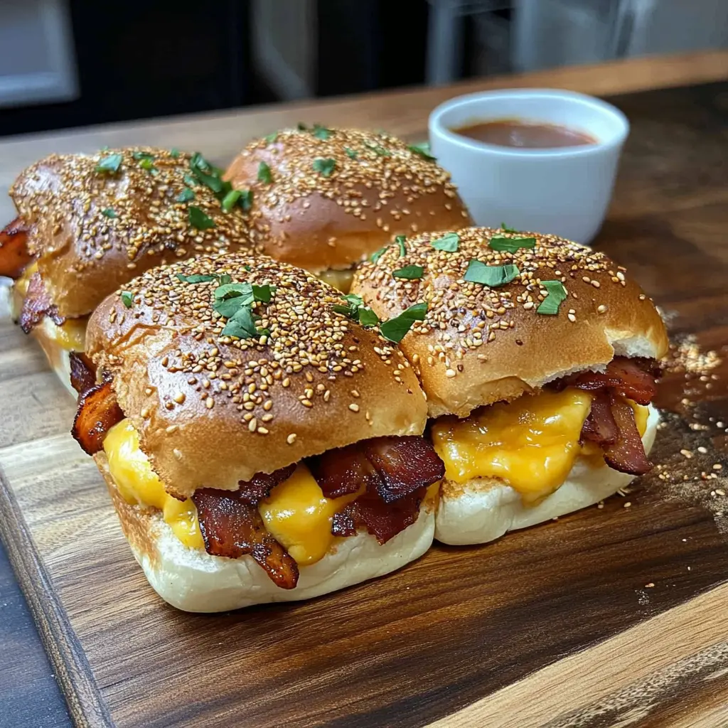 Ham, egg, and cheese breakfast sliders on sesame-topped Hawaiian rolls, garnished with herbs and served with dipping sauce on a wooden board.