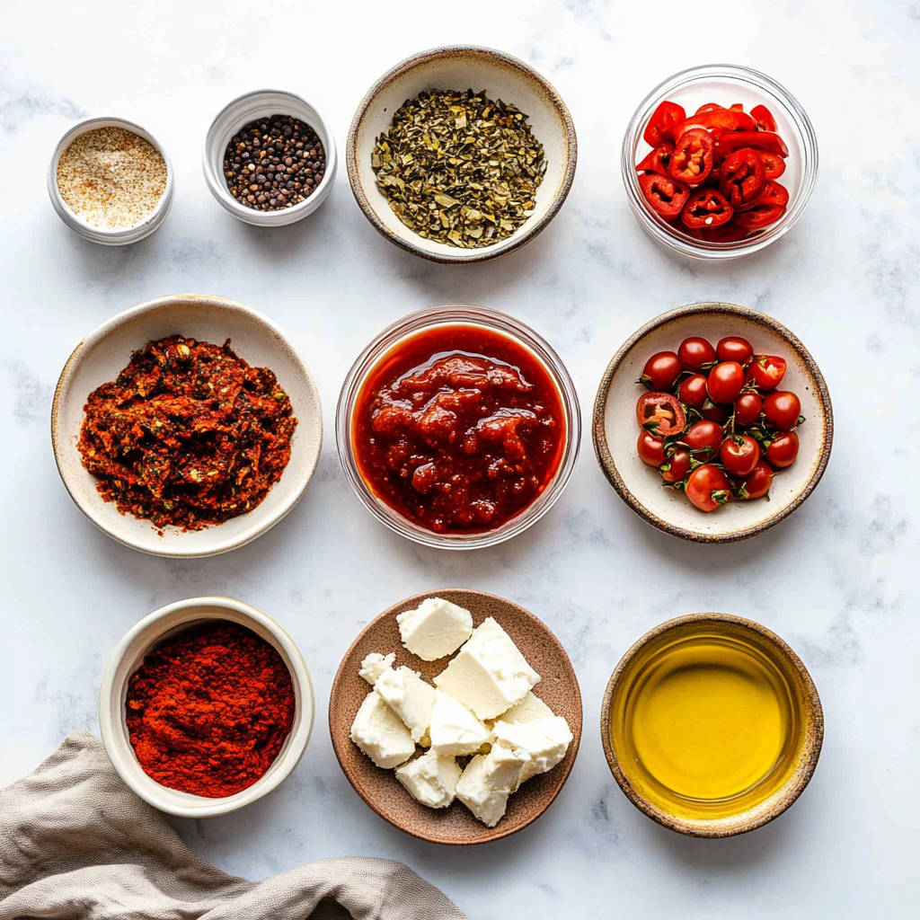 Flat lay of ingredients for Hello Fresh Tex Mex Paste including tomatoes, chili, paprika, oil, and spices